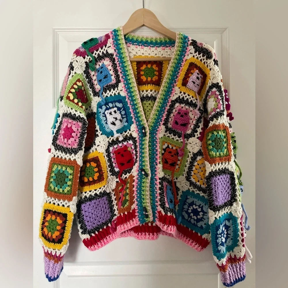 Hand knit Crochet Afghan Patchwork Toggle Cat Cardigan, Women’s Size Large - Picture 1 of 6